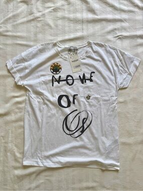 Zara White Graphic Tee with Black Script and Jewels